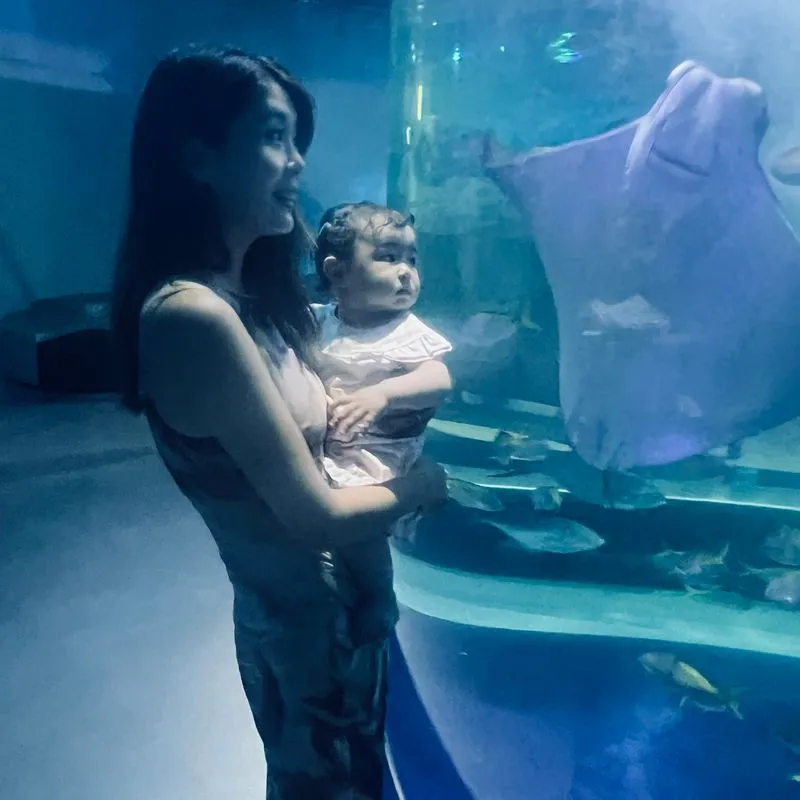 Woman holding a baby while looking at a large stingray in an aquarium tank.